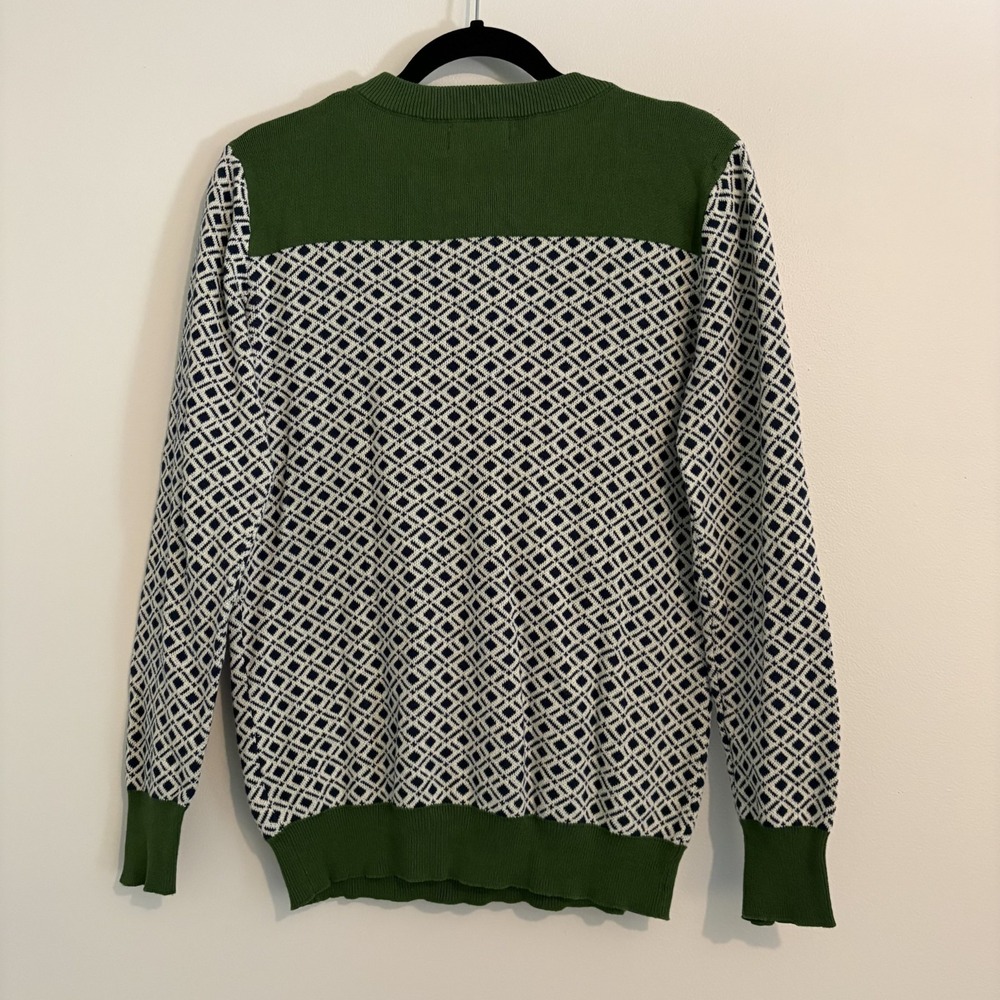 NWT OXKNIT 100% Cotton Green Patterned Bow Neck Knit Sweater Size M Preppy Twee - Picture 2 of 10